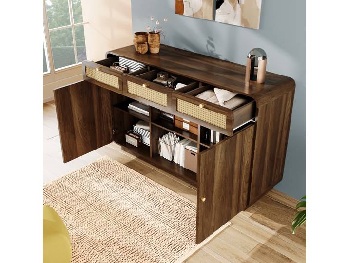 Desmiu Buffet Et Enfilade 3 Tiroirs 2 Portes 2 Niches\, Étagères Réglables\, Pour Salon Et Entrée\, Noyer
