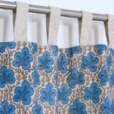 Fabdivine Hand Block Printed Linen Blend Tab Top Curtain, Blue Floral Botanical Boho Home Decor - Pushp Samita