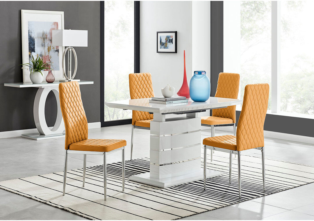 Canora Grey Renne Modern High Gloss Extendable Dining Table Set With 4 Quilted Faux Leather Dining Chairs Mustard/Silver 4