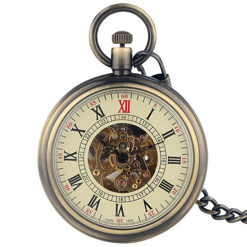 Mechanische Taschenuhr mit offenem Zifferblatt, Bronze, Skelett, Antik