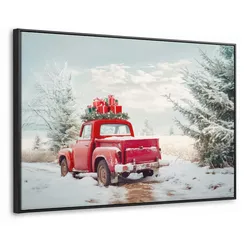LEINWAND Bilder mit Rahmen - Auto - Rot - Geschenke - Winter - Schnee - Weihnachten - 140x90
