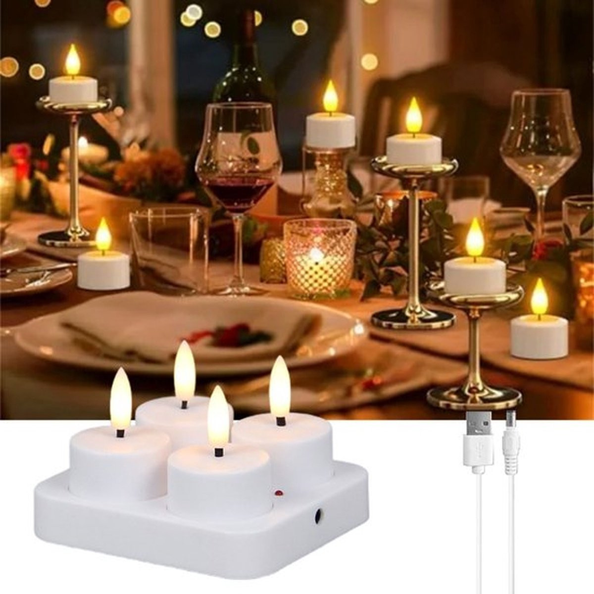Mrilary Set van 4 oplaadbare LED-theelichtjes met USB-laadstation