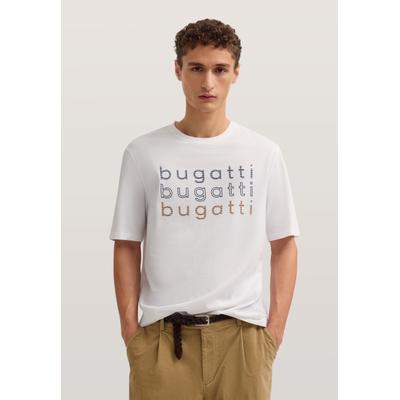 T-Shirt BUGATTI, Herren, Gr. L, weiß (10, weiß), 100% Baumwolle, unifarben, normal, Rundhals, Shirts T-Shirt, mit einem bugatti-Print