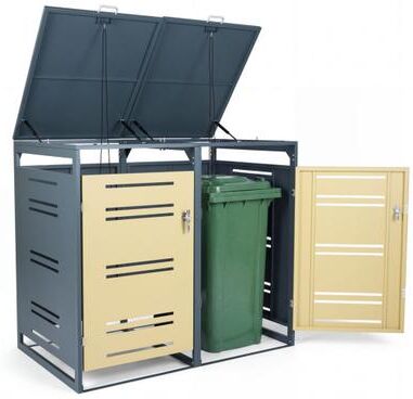 Costway Outdoor Metal Garbage Bin Storage Shed for 2 Trash Cans-Yellow