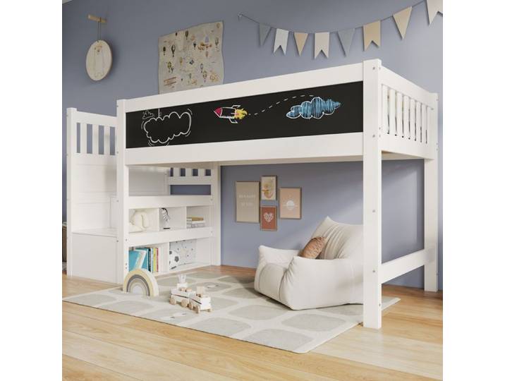 Lit superposé enfant - 90x200 - échelle interchangeable G/D - escalier rangement 4 compartiments - barrière tableau