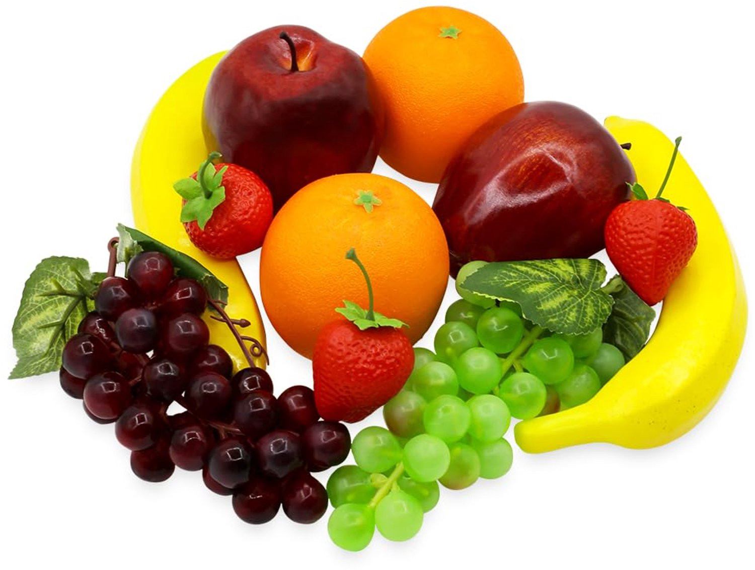 Set van 11 realistische kunstmatige vruchten voor decoratie, inclusief appels, bananen, sinaasappels, aardbeien en druiven