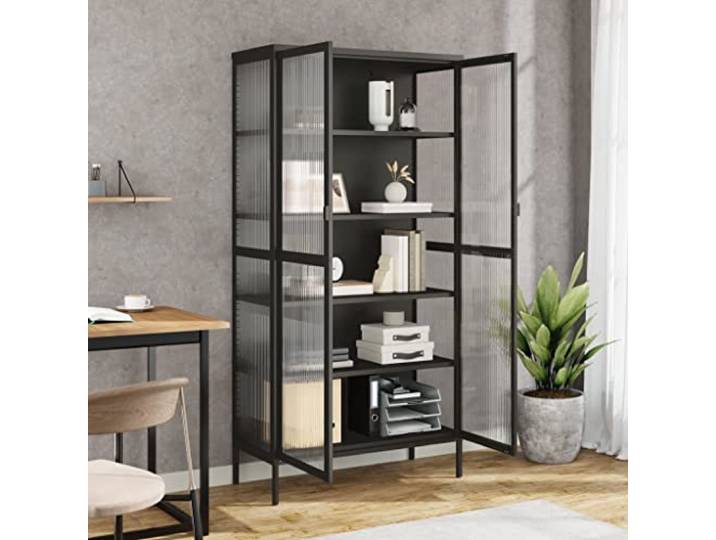 KTHLBRH Sideboard schwarz 85 x 40 x 180 cm Glas geriffelt Stahl 4 verstellbare Einlegeböden, Bodenausgleicher, robuste Ausstellungsfläche, inklusive Wandbefestigung