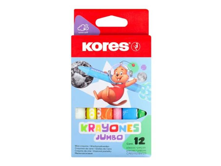 Kores - Krayones: 12 waskrijtjes voor kinderen, jumbo grootte en ergonomische driehoekige vorm, niet giftig en kindvriendelijk, kunst en knutselen en schoolbenodigdheden, set van 12 verschillende