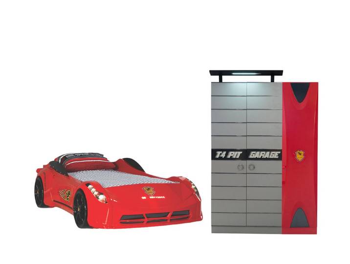 Villa Möbel Jugendzimmer-Set Titi-Garage, (Kinderzimmer-Set, 2-tlg., Autobett und Kleiderschrank), Rennwagenbett Schreibtisch Schrank mit sportlicher Renn Optik