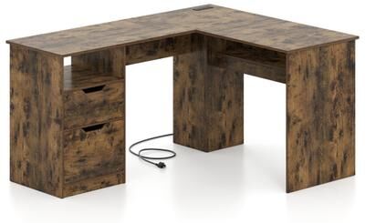 "Costway 59"" L-Shaped Executive Desk with Power Outlets Drawers and Bookshelf for Working Gaming Writing-Rustic"