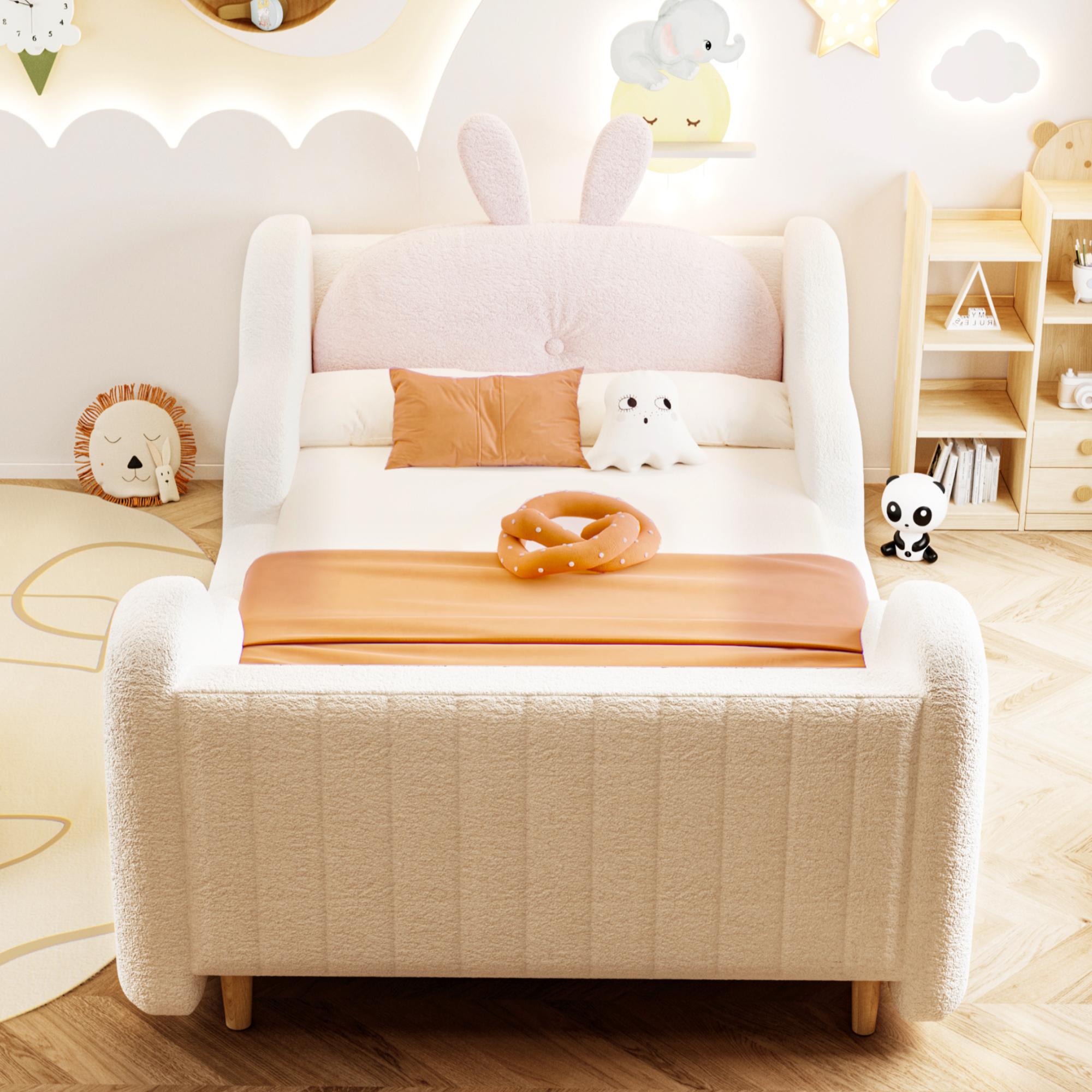 MODFU Kinderbett 90 × 200 mit Hasen-Kopfteil,Polsterbett mit abgerundeten Kanten,Plattformbett mit Seitenleisten,Weiß (Mit Matratze)