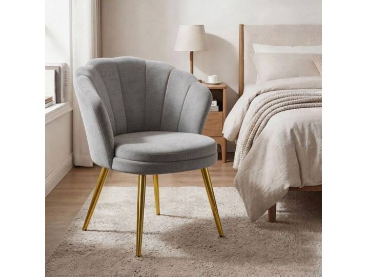 Chleby Fauteuil Coquillage Velours Gris - Fauteuil Design Salon Chambre Coiffeuse Pieds Métal Doré - 64x43x80 cm