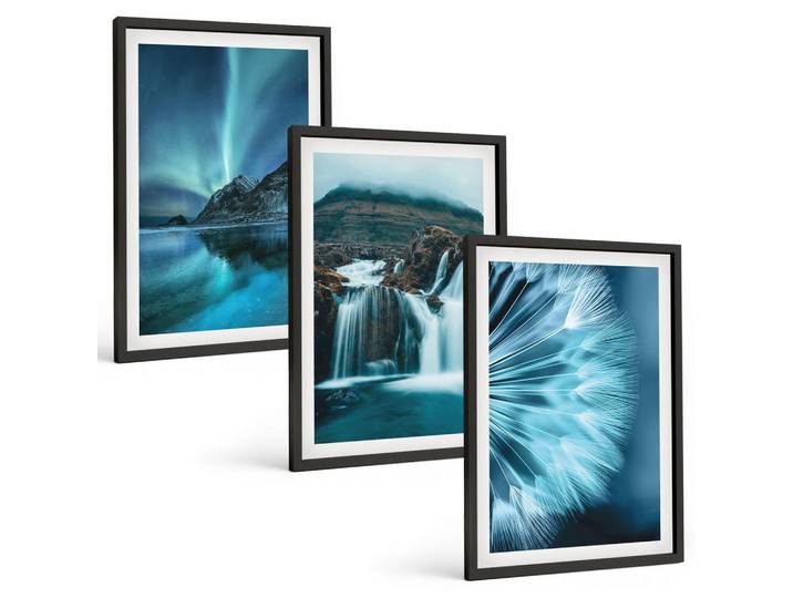 Tulup Bilder SET 3er Set - 40x60 cm Schwarzer Rahmen - Winterlandschaften mit Wasserfällen, Kunststoff, Rechteckig, 40x60 cm, gerahmt, Bilder & Rahmen, Bilder