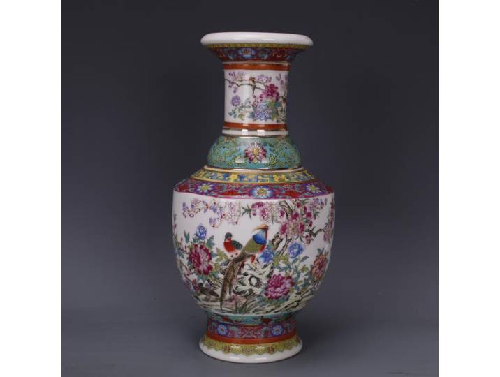 Vase chinois en porcelaine émaillée Qing Qianlong fleurs oiseaux Design 10.23 pouces