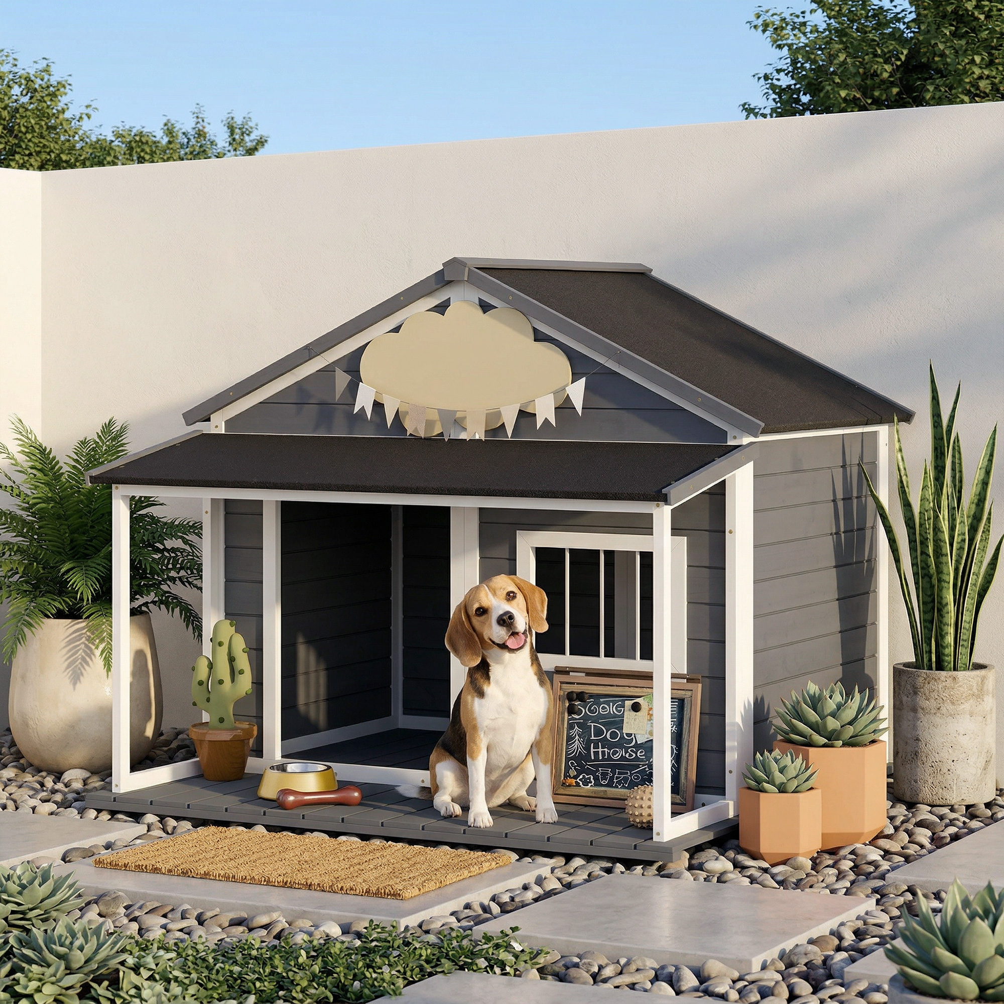 Pawhut Cuccia per Cani da Esterno con Terrazza, Finestra e Tetto Impermeabile, 124x112x105cm, Grigio Aosom