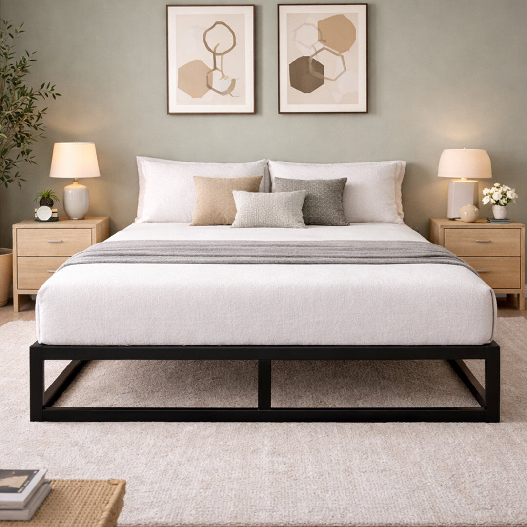 17 Stories Maise Metal Bed frame Modern Design Easy Assembly Anti Slip For Mattress Black Kingsize (5')