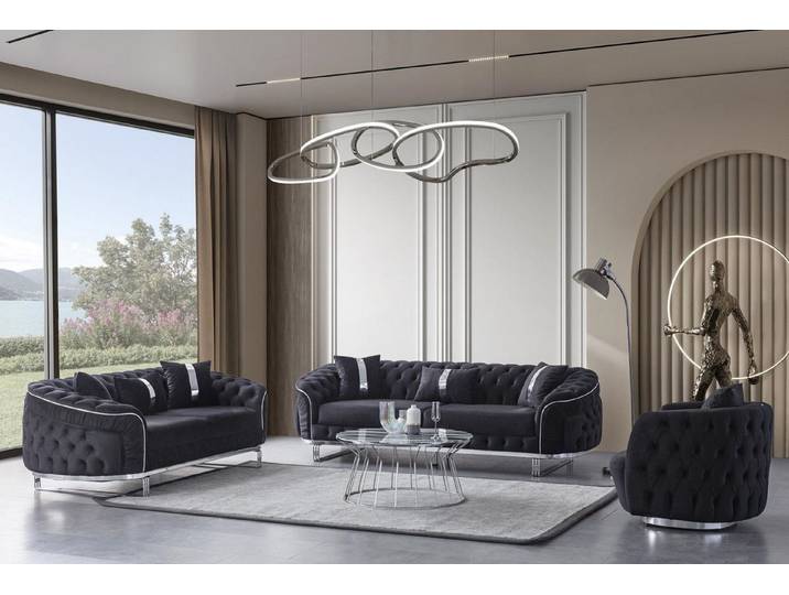 JVmoebel Polstergarnitur Schwarzes Sofa und Sessel aus Polyester mit elegantem Design, (3-tlg., Sofa 3 Sitzer, Sessel, Sofa 2 Sitzer), Made in Europa