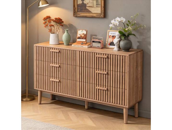 Commode 6 Tiroirs en Bois - Façades Lattées Poignées Bûche - Commode salon entrée bureau - Commode Scandinave 100x34x73cm