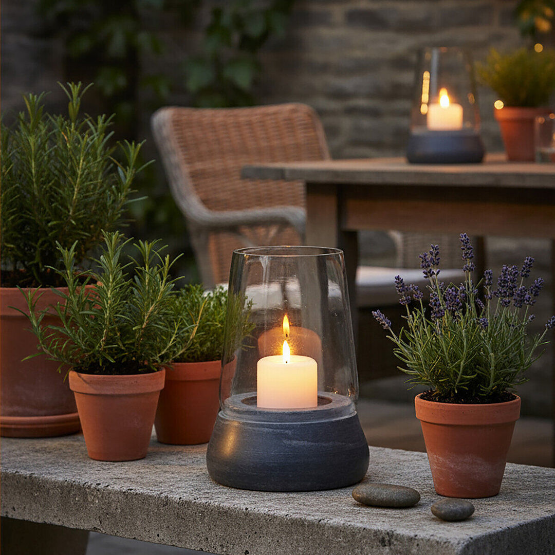 Bloomsbury Market Eager 20 cm H Glass and Stone Tabletop Hurricane Holder with Candle Included Grey;Clear 20cm H X 14cm W X 14cm D