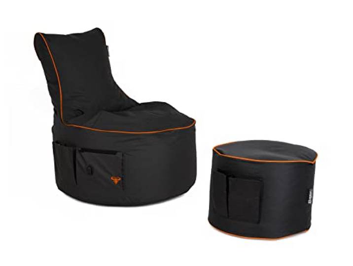 BuBiBag Gaming Sitzsack mit Hocker - für Kinder und Erwachsene Beanbag mit Anschluss, Gaming, Halterung und Seitentasche, Outdoor - Maverick (Anthrazit-Neonorange)