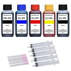Nachfüllset für Canon PGI-570 + CLI-571 Druckerpatronen - 5 x 100 ml Druckertinte + Zubehör