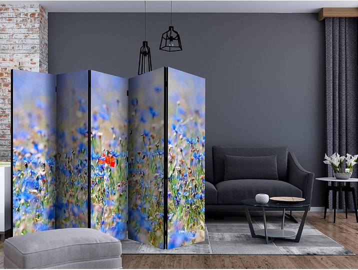 Paravent Bleuets des prés acoustique Non-tissé sur pin massif Bleu 225 x 172 x 3cm