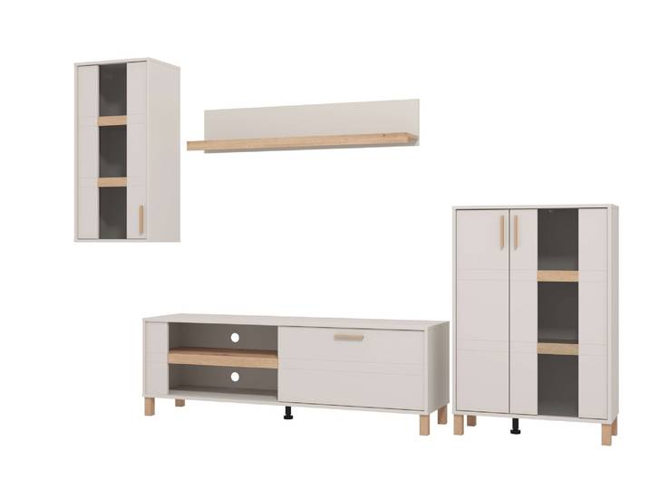 Wohnwand HOME AFFAIRE Sheffield, inkl. TV-Board, Highboard, Hängevitrine und Wandregal , weiß (kaschmir), B:250cm H:160cm T:40cm, Glas, Holzwerkstoff, MDF, Kastenmöbel-Sets, Wohnwand, Getöntes Glas, 2D-beschichtetes MDF-Profil, Heißprägedetails
