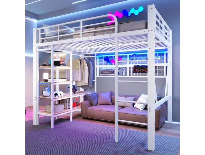 Lit mezzanine 140x200 cm avec bande lumineuse LED et compartiment de rangement Lit enfant avec tringle à vêtements Blanc