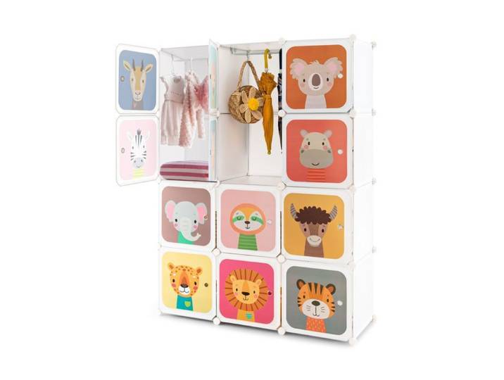 Armoire Modulable Enfants - DREAMADE - 12 Cubes - 2 Portes et Poteau de Suspension - Étagères Motif Animaux 109x35x145CM - Blanc