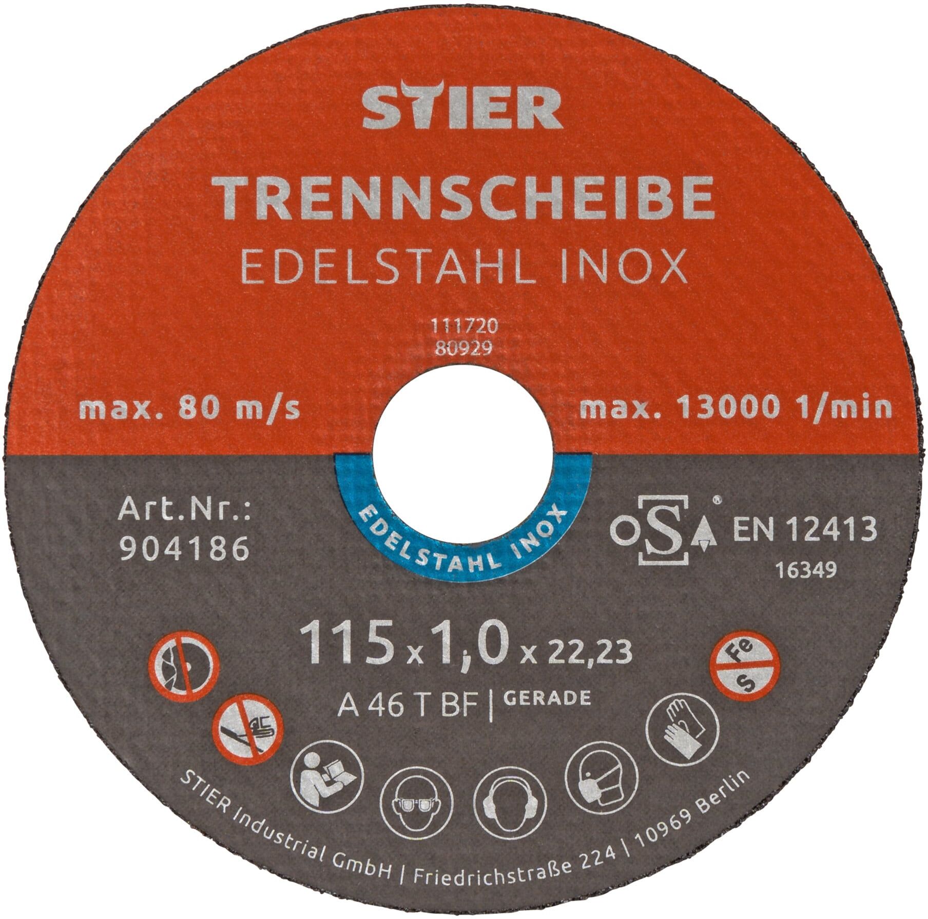 STIER Trennscheibe / Flexscheibe 115 x 1,0 x 22,23 mm gerade Inox / Edelstahl (904186)
