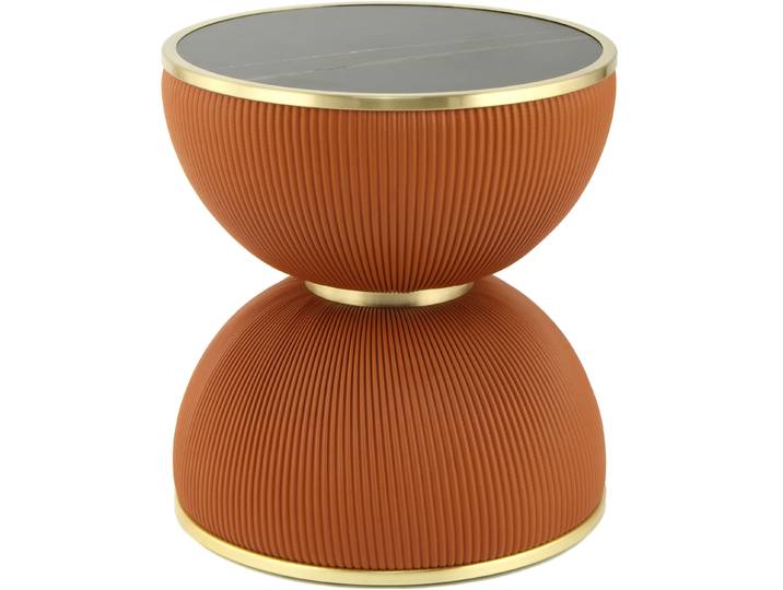 Beistelltisch KAYOOM Jokai 225, Eisengestell, PU Stoffbezug, gesinterte Steinplatte , braun (cognac, gold, weiß), B:47cm H:51cm T:47cm, 100% Eisen, 100% PU, 100% gesinterter Stein, 100% MDF, Tische, Beistelltisch, dekorativ, stilvoll, robust, Sanduhrform, PU Stoffbezug