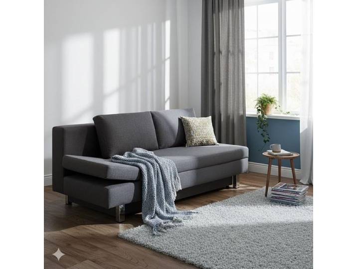 Schlafsofa Cave-Run Webstoff mit Lattenrost und Bettkasten Kopfteilverstellung links Kunstfaser 90x200x97cm Dunkelgrau ausziehbar