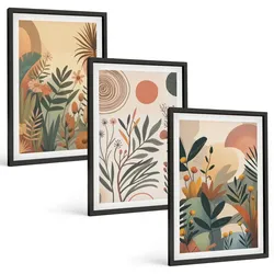 BILDER SET 3er Set - 40x60 cm Schwarzer Rahmen - Pflanzenmotive in gedeckten Farben