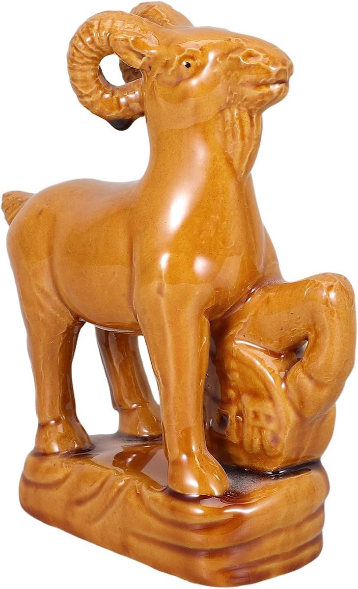 Keramisch geitenbeeldje Geelbruin - Handgemaakt uniek patroon - Bureau decoratie - Lengte: 15 cm