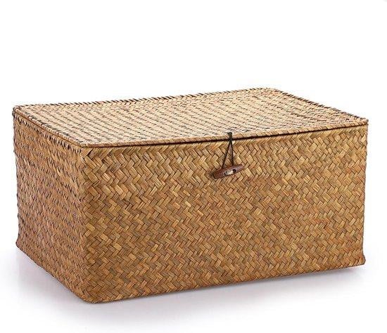 Famanu Opbergmand met deksel - Decoratieve gevlochten zeegras mand - Caramel XL