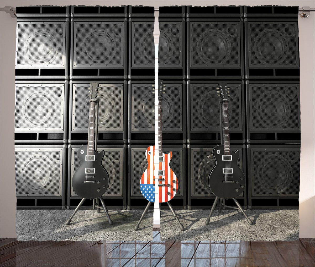 ABAKUHAUS Gordijnen Amerikaanse vlag en Bass Guitar thema, 2-delige set, Antraciet, Breedte: 280 cm, Hoogte: 270 cm