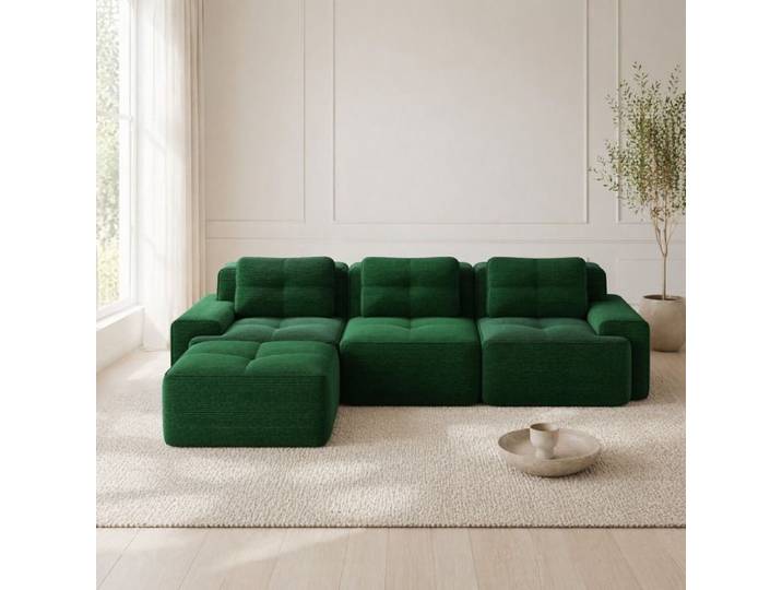 Canapé d'angle modulable 3 places avec ottoman sans montage faible assise velours côtelé vert - UVRION