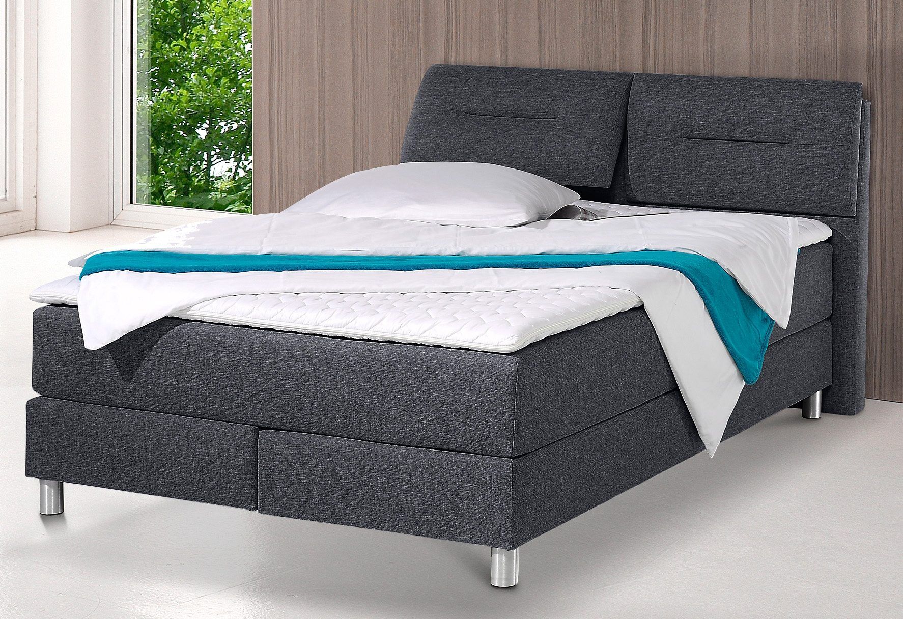 Boxspringbett MAINTAL, grau (anthrazit), Strukturstoff, Liegefläche B/L: 140cm x 200cm, H3, Bonnell-Federkernmatratze, Bezug bei beige, anthrazit und hellgrau: pflegeleichter Strukturstoff (100% Polyester);Bezug bei weiss und schwarz: Kunstleder (100% Pol