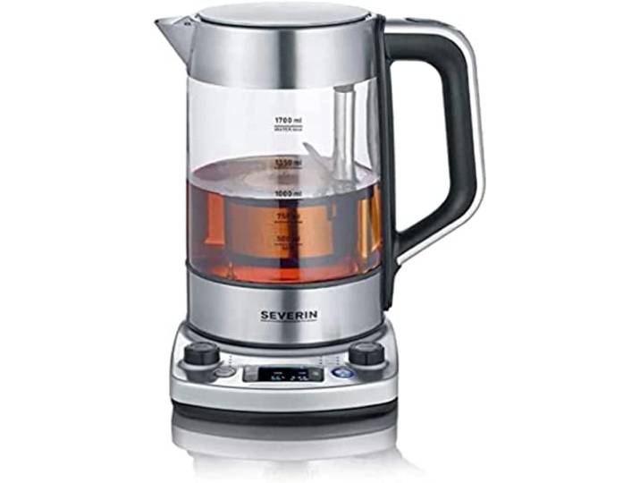 SEVERIN Bouilloire Eau & Thé en Verre Programmable\, 1\,7L\, 3 000W\, Levée Automatique du Filtre\, Minuterie\, Affichage LED\, WK 3422