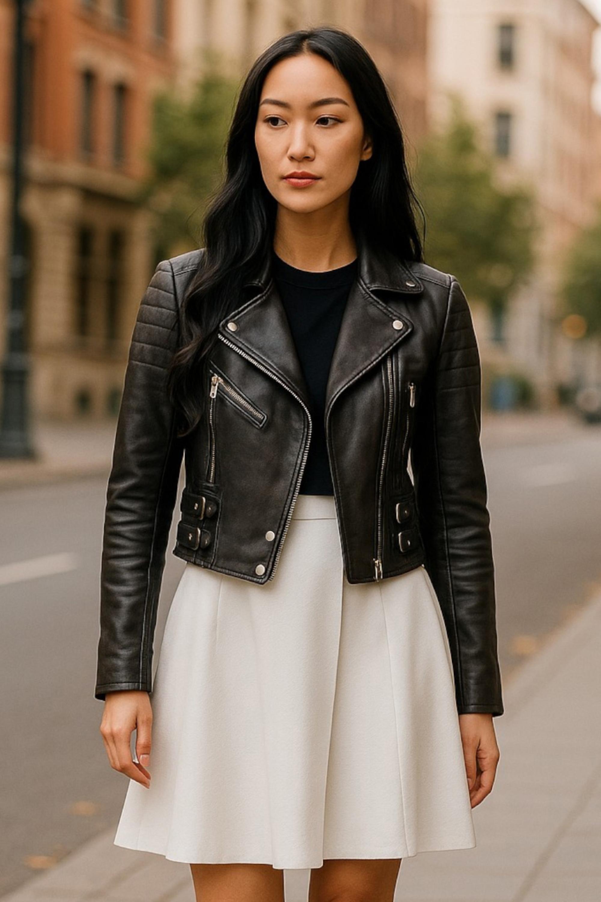 Schwarze kurze Brando-Bikerjacke aus Leder für Damen – Durban