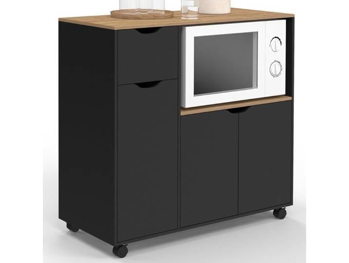 IDMarket Desserte micro-onde COSI XXL Noir et bois 90x40x85 5 cm avec tiroir et 4 roulettes