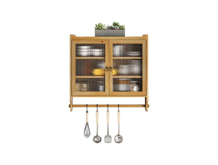 OKWISH Hängeschrank Wandhängeschrank,Glas-Wandregal (Vintage 63 cm Wandregal mit Doppelglastüren – 3 Stufiger Stauraum mit Handtuchhalter, Naturholz – Wandmontage für Badezimmer, Küche, Esszimmer – Stabil & Platzsparend) Gewichtskapazität: 5 kg pro Regal