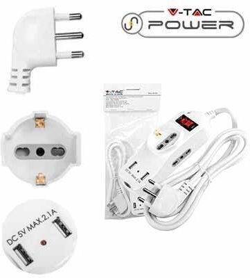 V-Tac Multipresa Ciabatta 3 Posti Bipasso/schuko Presa Tedesca E Prese/bipasso Standard Italiano + 2 Prese Usb Con Protezione - Sku 8745