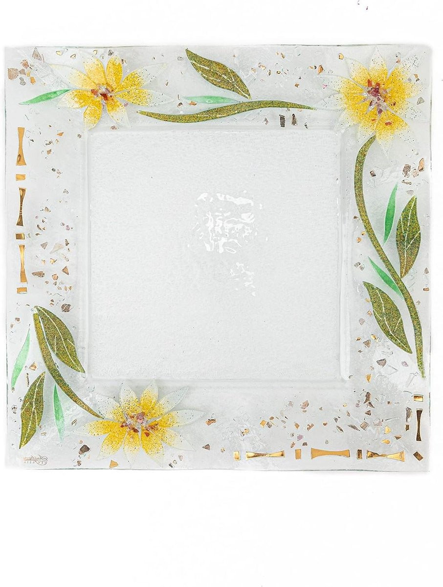 Handgemaakt Murano Glas Dienblad Gerbera - Decoratief Glazen Bord - 39 x 39 cm