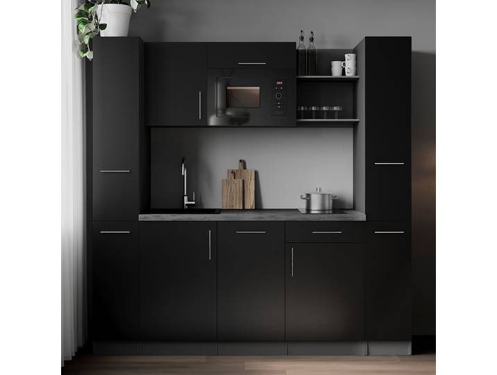 Singleküche Oliver mit Mikro Kombi B 205cm Schwarz/Schwarz