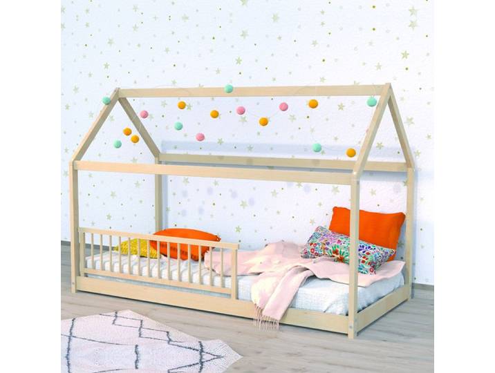 Lit cabane - WEBER INDUSTRIES - Panda - Barrière de lit amovible - Sommier inclus - Bois massif