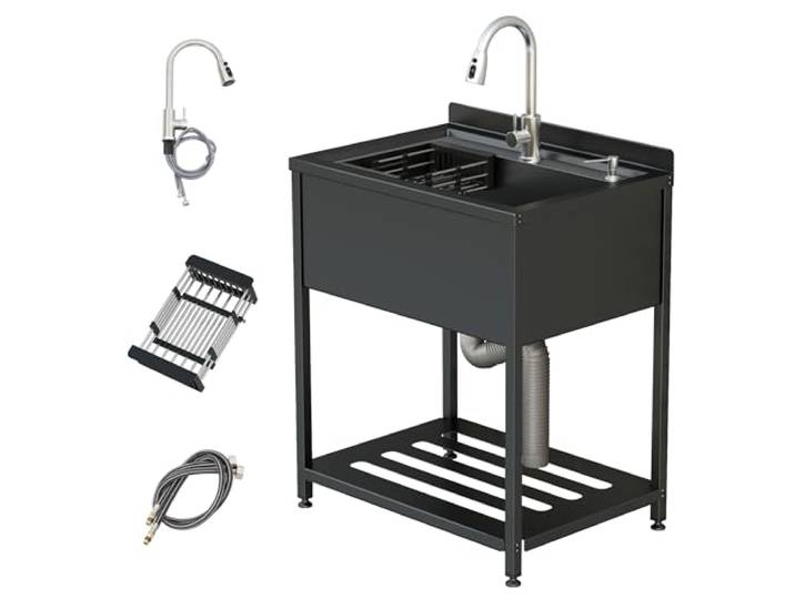 VELPAX Freistehender Spültisch – Edelstahl Spülbecken mit 1 Becken, Armatur und Ablagefläche, Mobiler Outdoor-Küchenwaschtisch für Außen Innen Gewerbe Garten Camping, 78x56x100cm