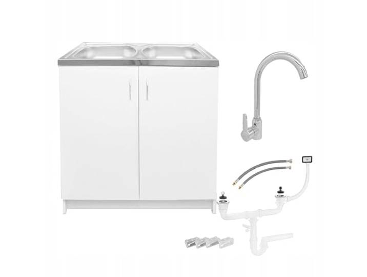 Stamar Möbel Spüle mit Unterschrank 80 cm Weiß Küchenspüle 2-Kammer & Edelstahl-Spülbecken kompakter Spülenunterschrank für Küche, Standschrank 49 cm Tiefe Siphon Montagefertig