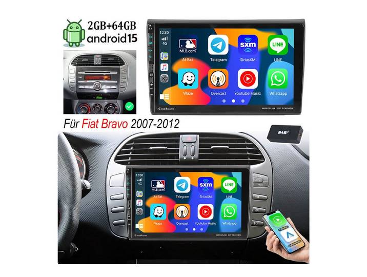 ESSGOO Autoradio Android15/16 Für Fiat Bravo 07-12 CarPlay GPS USB und Type-C Autoradio (RDS, 4+64GB(optional), Digitalradio (DAB), FM, GPS, USB- und Type-C, WIFI, SWC, Apple Carplay Android Auto GPS Navi WIFI BT EQ mit USB- und Type-C)