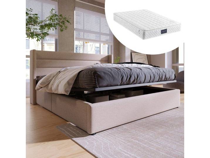 Lit coffre 140x200 cm - Beige - Matelas inclus - Grand espace de rangement